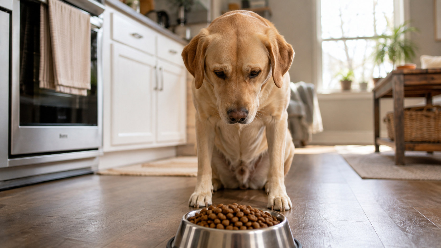 Labrador fixant sa gamelle de croquettes dans une cuisine