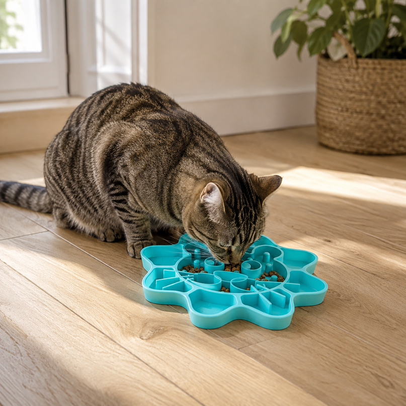 Chat europeen tigre mangeant ses croquettes dans la gamelle anti-glouton turquoise
