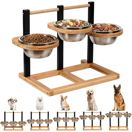 1 ensemble de mangeoire à trois bacs réglable en hauteur, avec cinq niveaux d'hauteur différents, pour chiens et chats, convient aux races de grande, moyenne et petite taille.