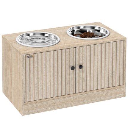 PawHut Gamelles pour chiens surélevées porte-gamelles avec rangement de 40L, 2 bols en acier inoxydable 60 x 30 x 35,5 cm chêne