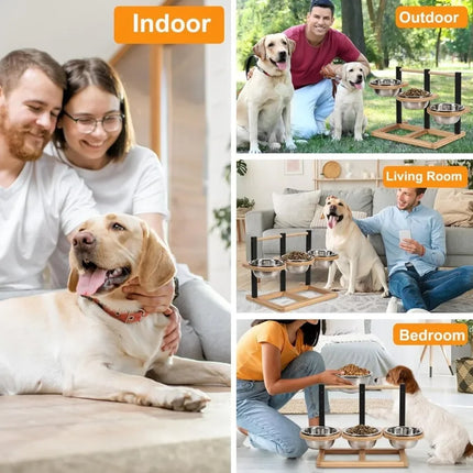 1 ensemble de mangeoire à trois bacs réglable en hauteur, avec cinq niveaux d'hauteur différents, pour chiens et chats, convient aux races de grande, moyenne et petite taille.