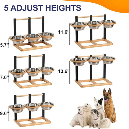 1 ensemble de mangeoire à trois bacs réglable en hauteur, avec cinq niveaux d'hauteur différents, pour chiens et chats, convient aux races de grande, moyenne et petite taille.