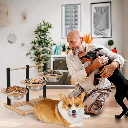 1 ensemble de mangeoire à trois bacs réglable en hauteur, avec cinq niveaux d'hauteur différents, pour chiens et chats, convient aux races de grande, moyenne et petite taille.
