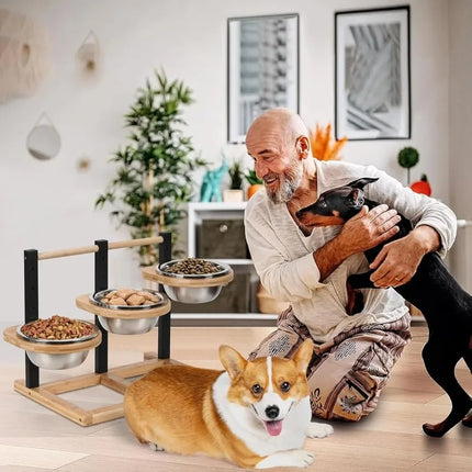1 ensemble de mangeoire à trois bacs réglable en hauteur, avec cinq niveaux d'hauteur différents, pour chiens et chats, convient aux races de grande, moyenne et petite taille.