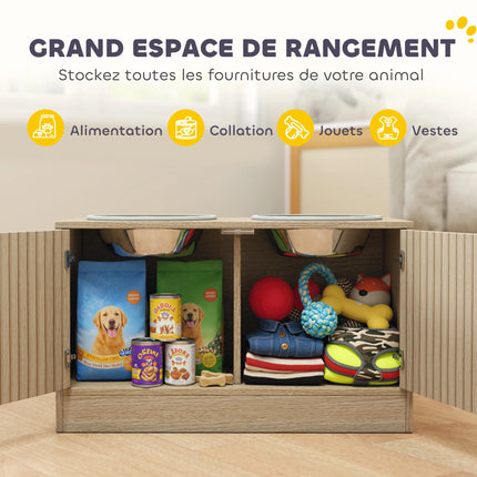 PawHut Gamelles pour chiens surélevées porte-gamelles avec rangement de 40L, 2 bols en acier inoxydable 60 x 30 x 35,5 cm chêne