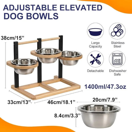 1 ensemble de mangeoire à trois bacs réglable en hauteur, avec cinq niveaux d'hauteur différents, pour chiens et chats, convient aux races de grande, moyenne et petite taille.