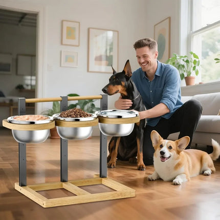 1 ensemble de mangeoire à trois bacs réglable en hauteur, avec cinq niveaux d'hauteur différents, pour chiens et chats, convient aux races de grande, moyenne et petite taille.
