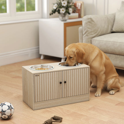 PawHut Gamelles pour chiens surélevées porte-gamelles avec rangement de 40L, 2 bols en acier inoxydable 60 x 30 x 35,5 cm chêne