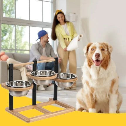 1 ensemble de mangeoire à trois bacs réglable en hauteur, avec cinq niveaux d'hauteur différents, pour chiens et chats, convient aux races de grande, moyenne et petite taille.