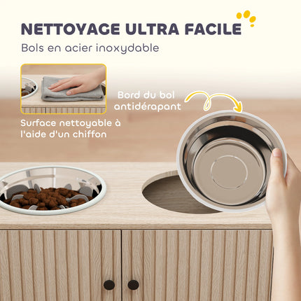 PawHut Gamelles pour chiens surélevées porte-gamelles avec rangement de 40L, 2 bols en acier inoxydable 60 x 30 x 35,5 cm chêne