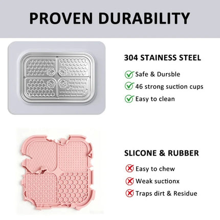 JUSTINLAU Tapis à lécher pour animaux de compagnie en acier inoxydable 304, plaque d'alimentation lente antidérapante pour animaux, anti-étouffement, empêche les déversements, plateau alimentaire pour chien et chat