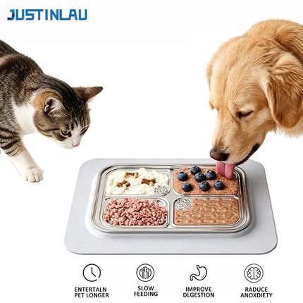 JUSTINLAU Tapis à lécher pour animaux de compagnie en acier inoxydable 304, plaque d'alimentation lente antidérapante pour animaux, anti-étouffement, empêche les déversements, plateau alimentaire pour chien et chat