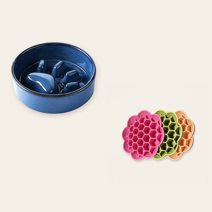 Duo repas calme pour chien : gamelle anti-glouton céramique et tapis de léchage fleur