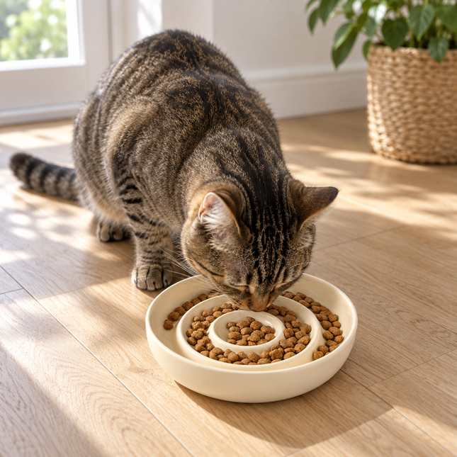 Chat europeen tigre mangeant ses croquettes dans le bol en ceramique creme a anneaux concentriques