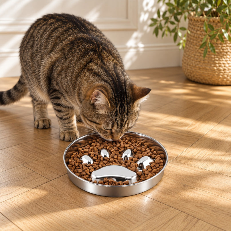 Chat tigré mangeant ses croquettes dans la gamelle inox à empreinte de patte sur un parquet clair