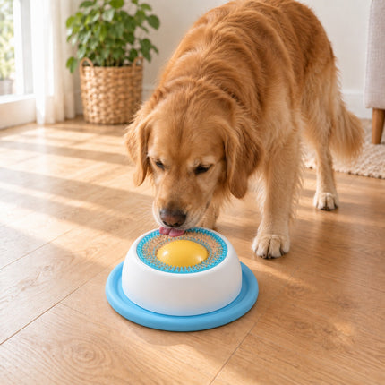 Golden retriever léchant les picots bleus autour du dôme jaune, sur un support blanc à base bleue