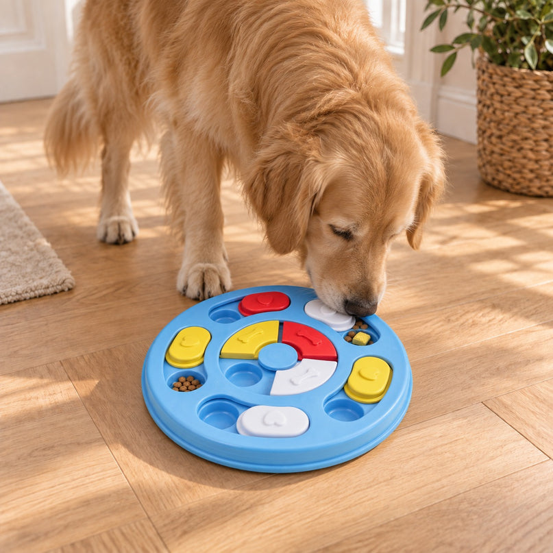 Golden retriever cherchant ses croquettes dans le puzzle distributeur bleu sur un parquet clair