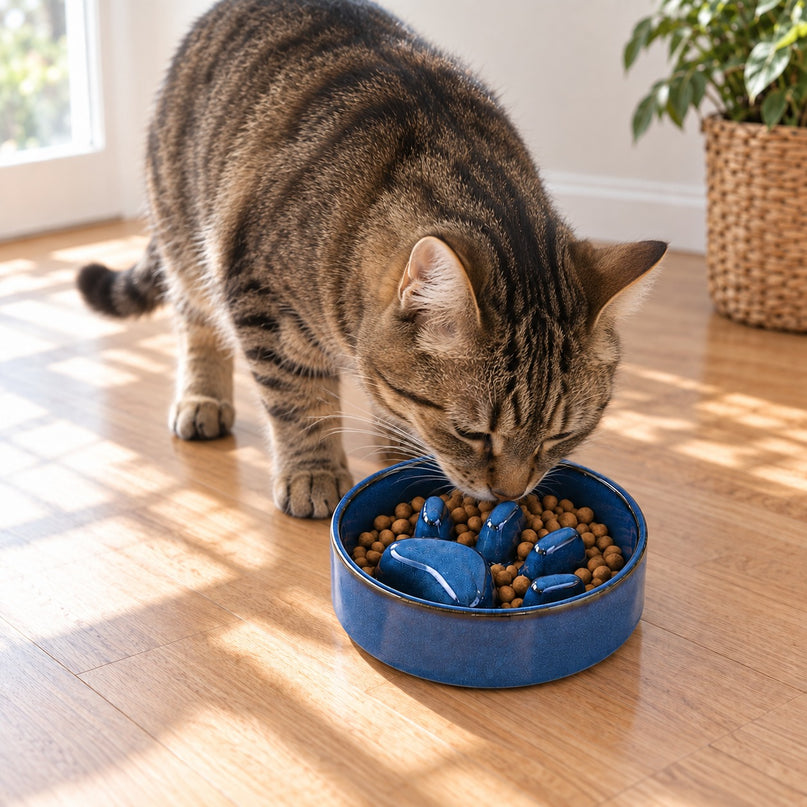 Chat tigré mangeant des croquettes dans un bol bleu en céramique à reliefs en forme de patte