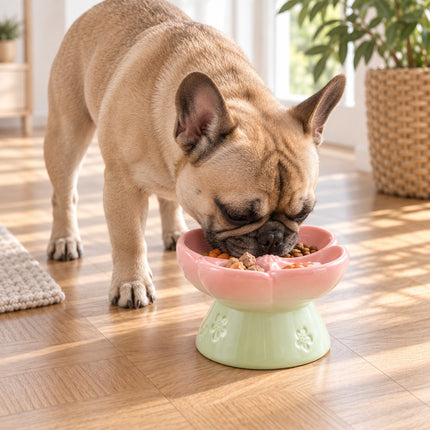 Bouledogue français mangeant dans une gamelle en céramique en forme de fleur rose sur un pied vert clair