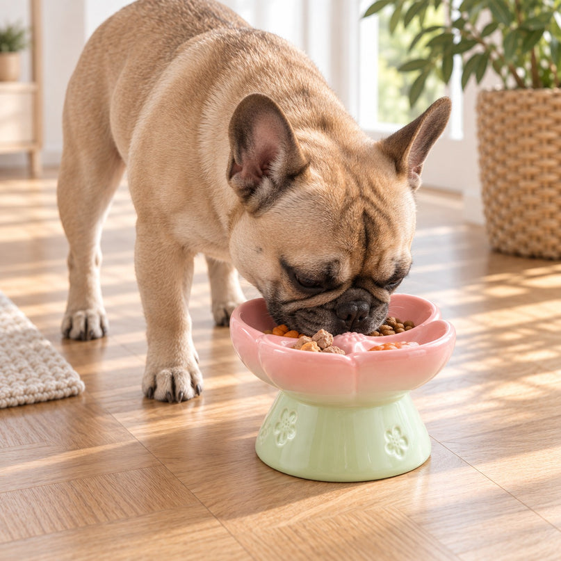 Bouledogue français mangeant dans une gamelle en céramique en forme de fleur rose sur un pied vert clair