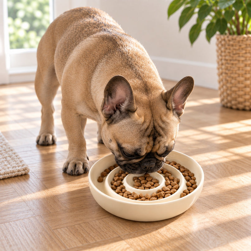 Bouledogue français mangeant des croquettes dans un bol crème en céramique à anneaux concentriques
